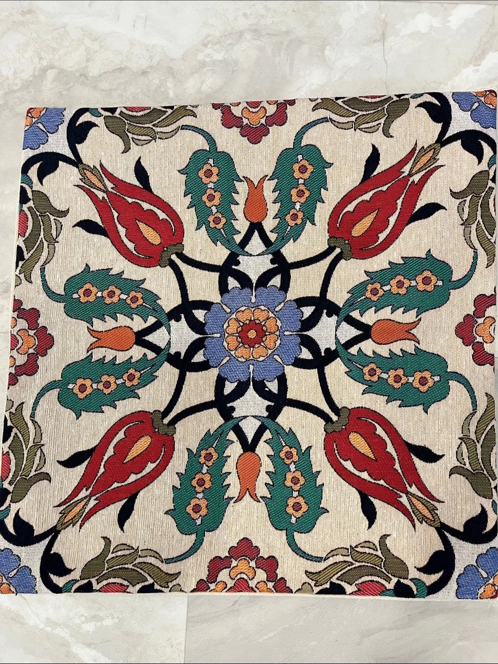 Set of 3 Ornate Tile-Pattern Turkish Ottoman Pillow Covers in Navy, Teal & Red